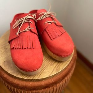 Bryr Red Suede Platform Clog with Fringe Kilt